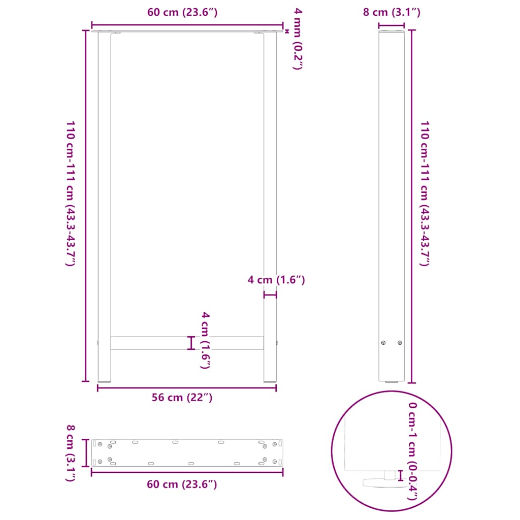 Gambe per Tavolino Nero 2 pz 60x(110-111) cm Acciaio - homemem39