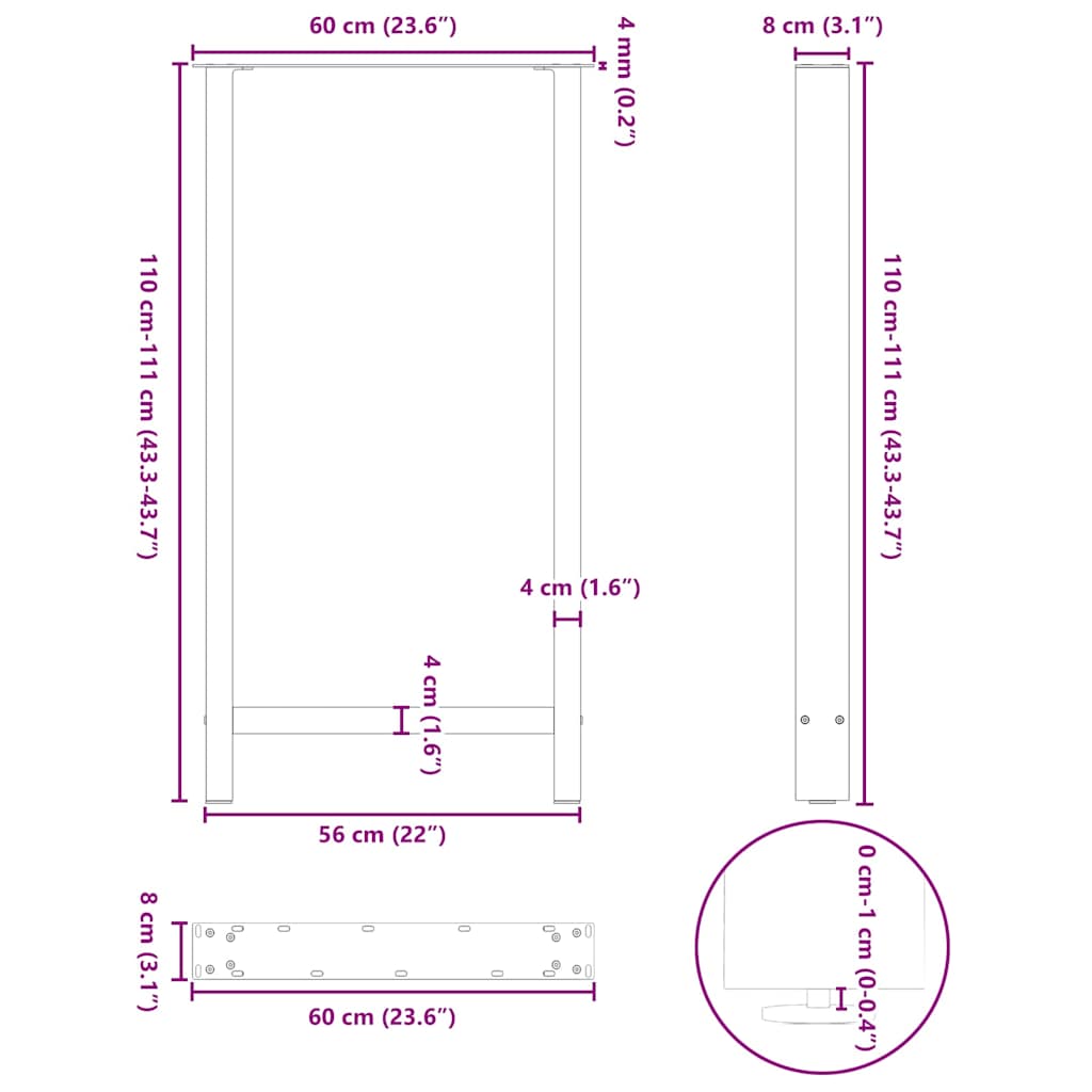 Gambe per Tavolino Acciaio Naturale 2 pz 60x(110-111)cm Acciaio - homemem39