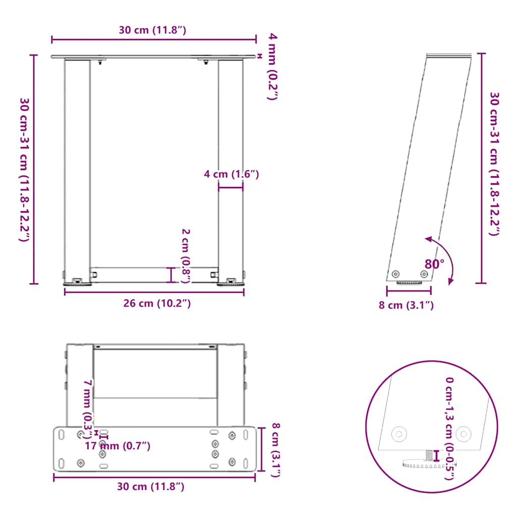 Gambe Tavolino da Caffè a U 2 pz Bianco 30x(30-31)cm in Acciaio - homemem39