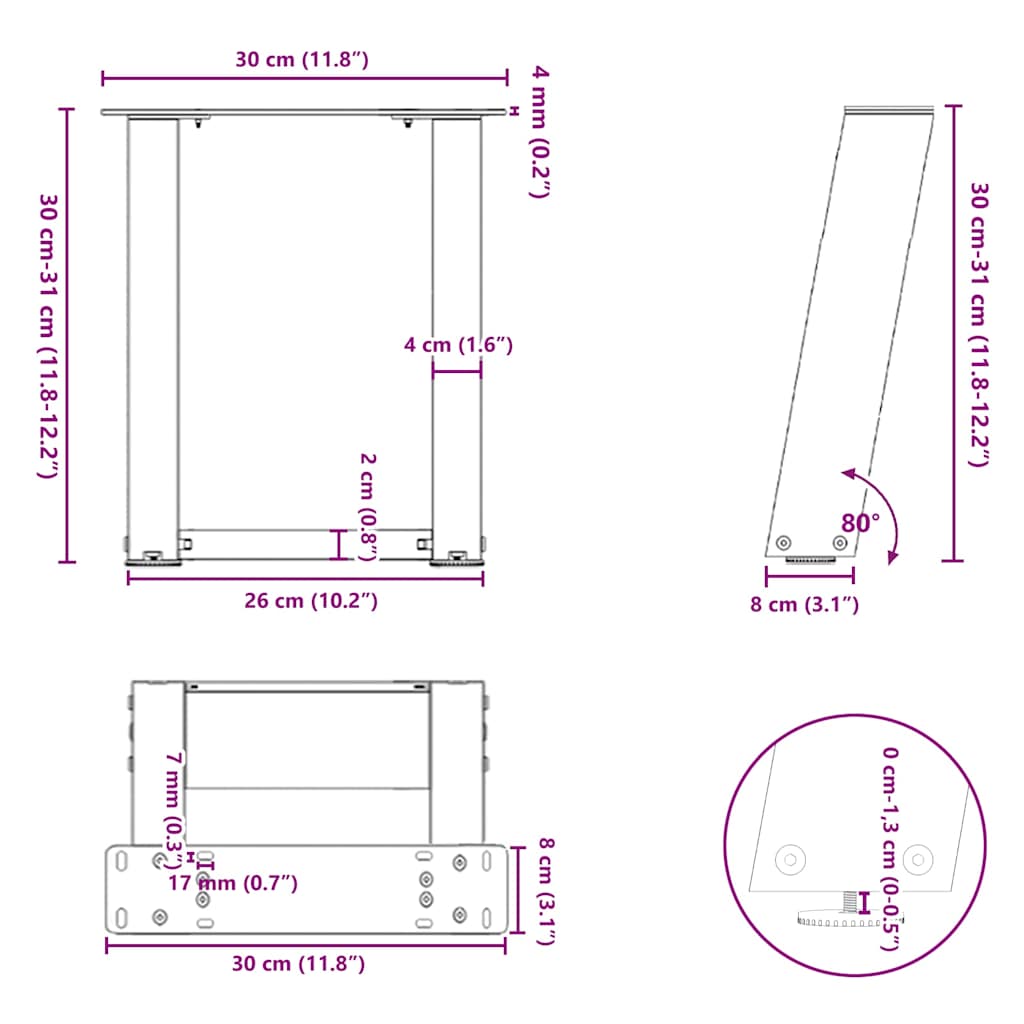Gambe Tavolino Caffè a U 2 pz Antracite 30x(30-31)cm in Acciaio - homemem39