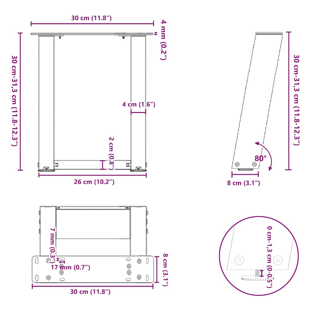 Gambe per Tavolino da Caffè forma U 2 pz Antracite 30x(30-31)cm