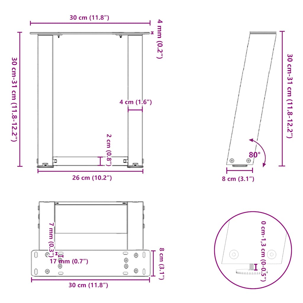 Gambe Tavolino Caffè a U 2 pz 30x(30-31)cm in Acciaio - homemem39