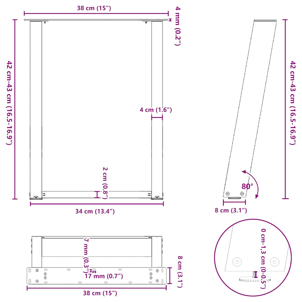 Gambe Tavolino Caffè a U 2 pz 38x(42-43) cm Acciaio - homemem39