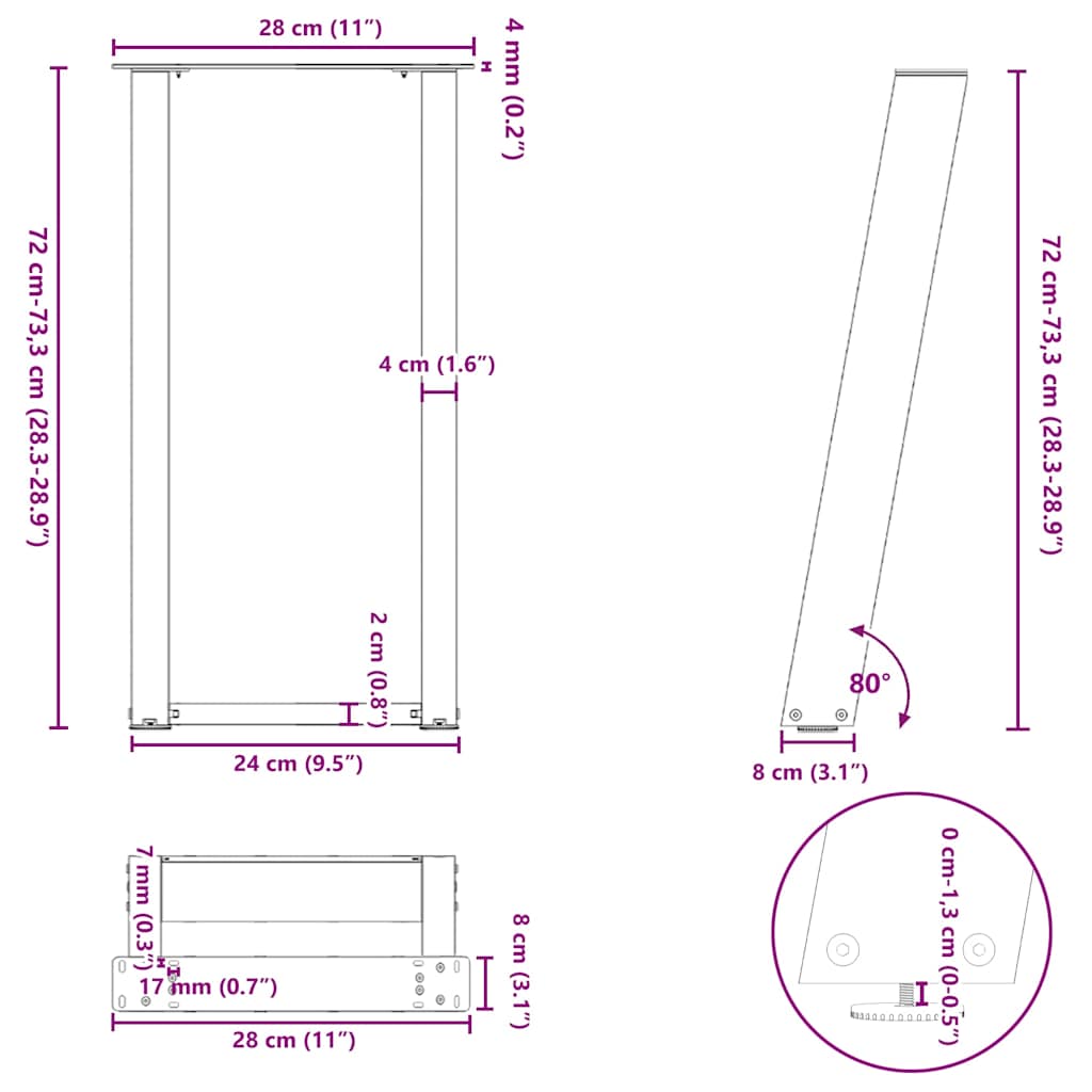 Gambe per tavolo consolle forma U 2 pz Antracite 28x(72-73) cm