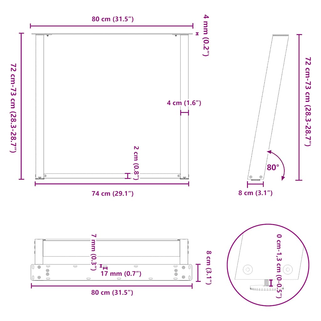 Gambe Tavolo Pranzo a U 2 pz Antracite 80x(72-73) cm Acciaio - homemem39