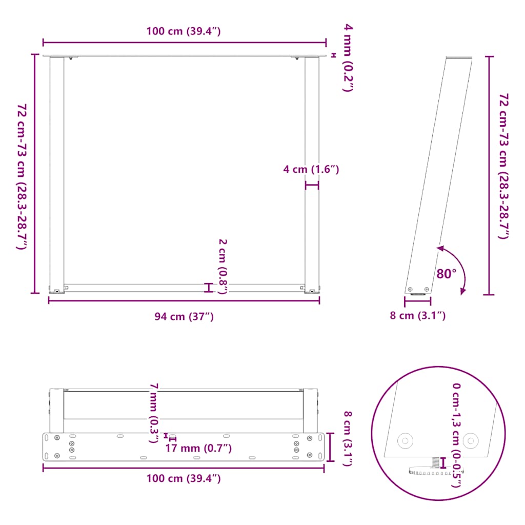 Gambe Tavolo Pranzo a U 2 pz 100x(72-73) cm Acciaio - homemem39