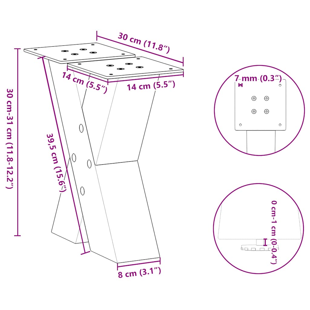 Gambe Tavolino da Caffè a X 2 pz Nero 30x(30-31) cm in Acciaio - homemem39