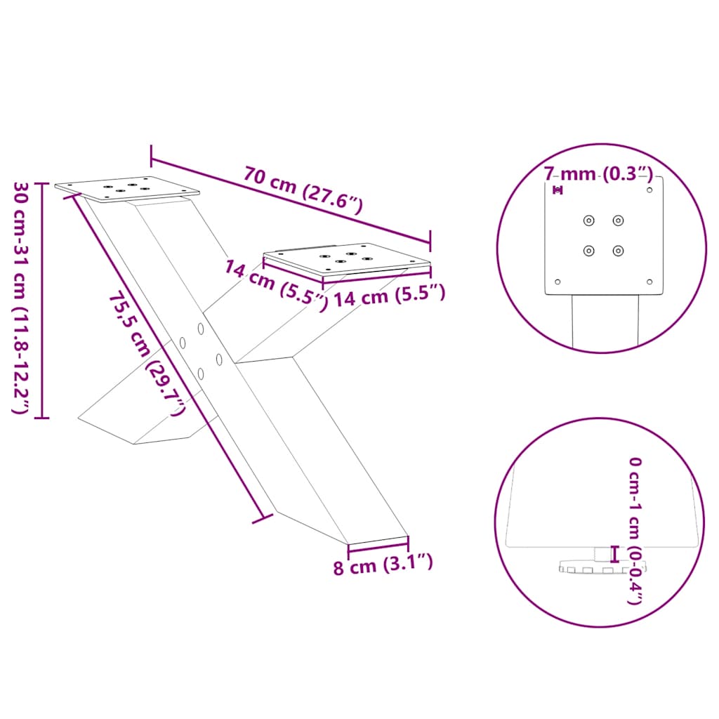 Gambe Tavolino da Caffè a X 2 pz Bianco 70x(30-31)cm in Acciaio - homemem39