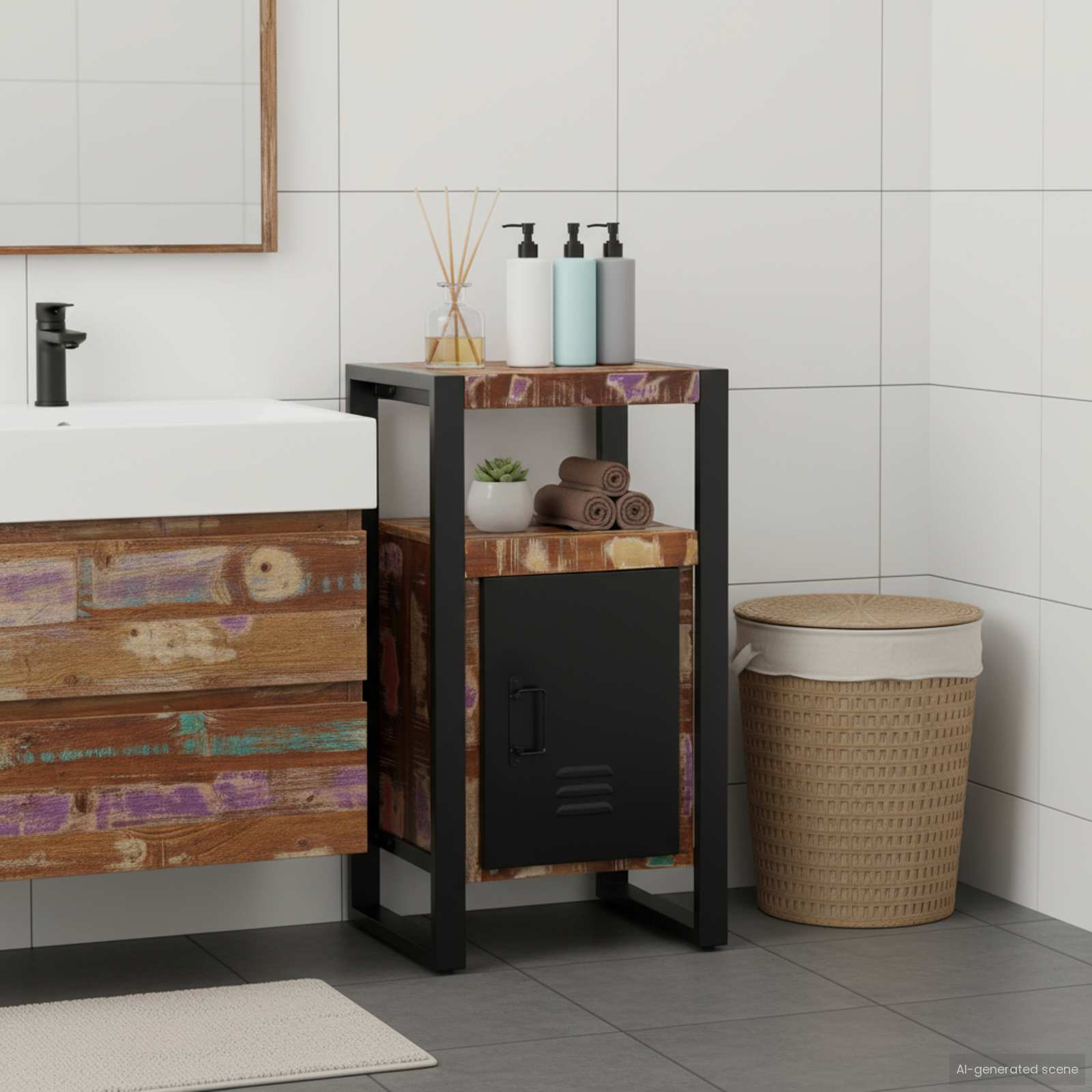 Mobile da Bagno con porta Marrone Legno Recuperato Massello | homemem39