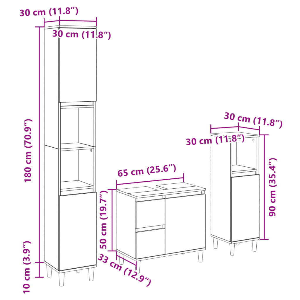 Set Mobili da Bagno 3 pz Rovere Sonoma in Legno Multistrato | homemem39