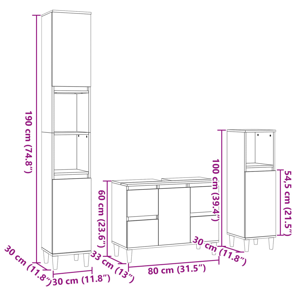 Set Mobili da Bagno 3 pz Rovere Sonoma in Legno Multistrato | homemem39