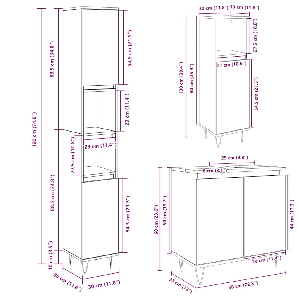 Set Mobili da Bagno 3 pz Rovere Sonoma in Legno Multistrato | homemem39
