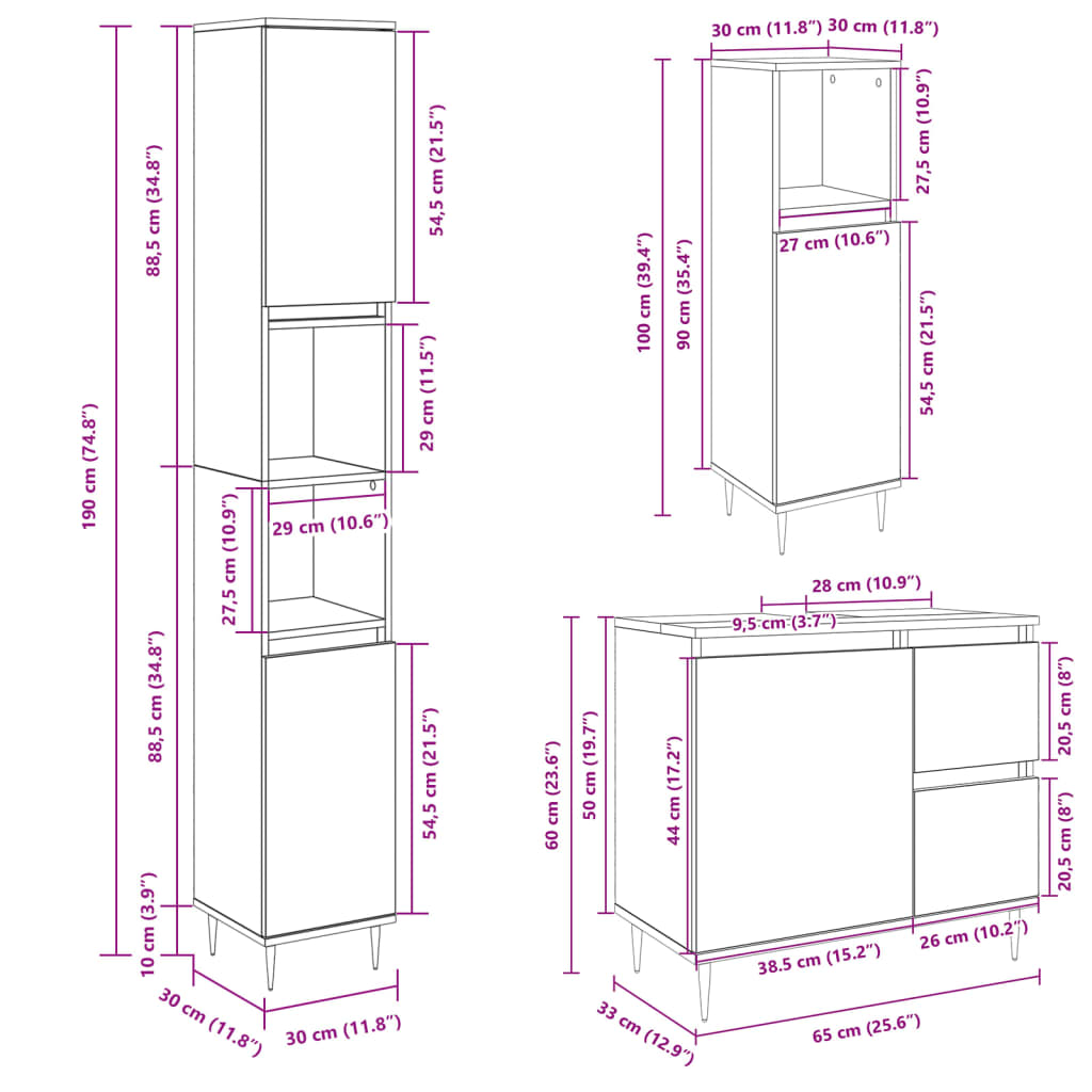 Set Mobili da Bagno 3 pz Rovere Sonoma in Legno Multistrato | homemem39