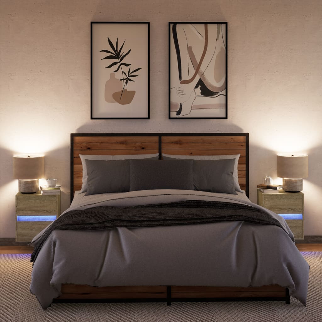 Comodini a Parete con luci LED 2 pz Rovere Sonoma
