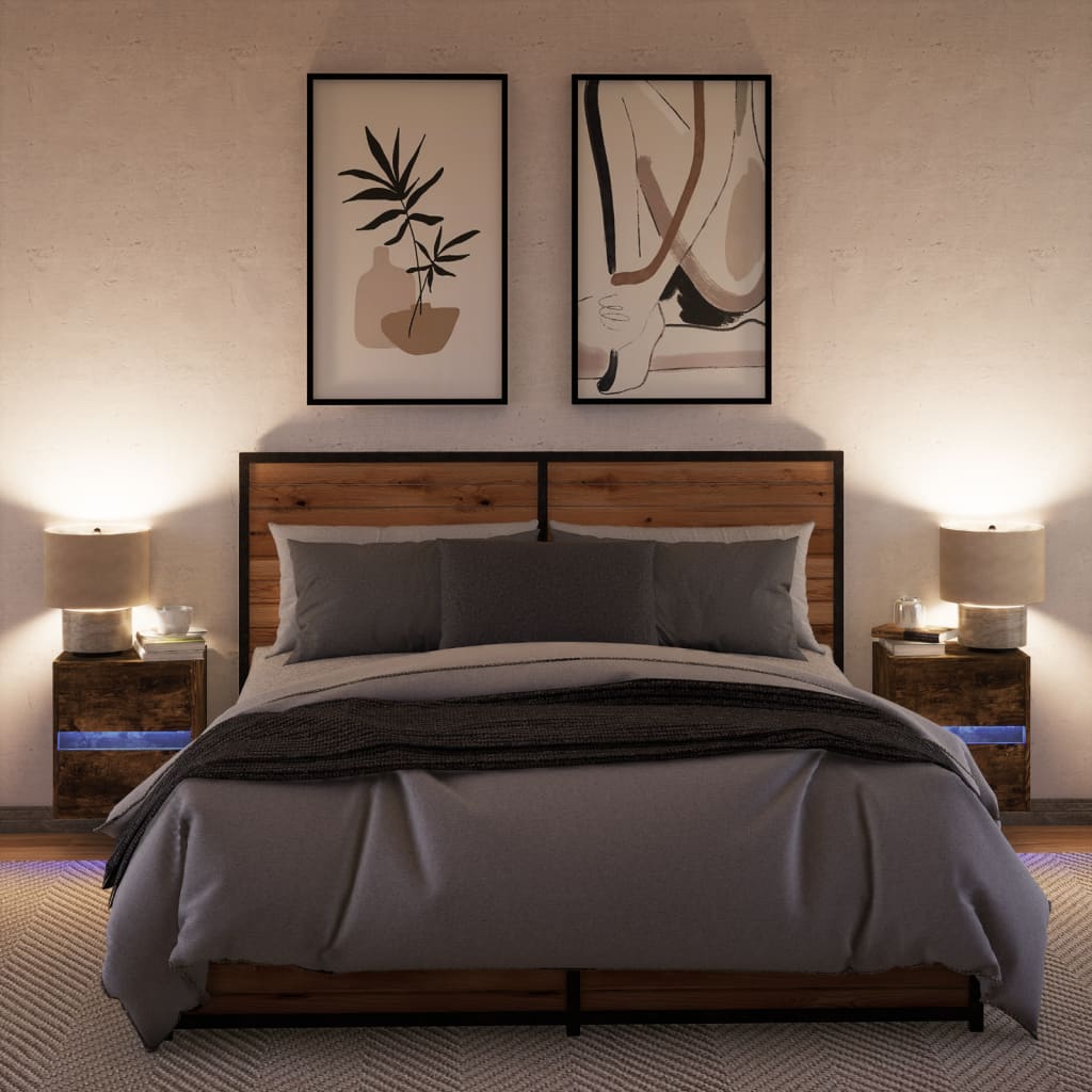 Comodini a Parete con luci LED 2 pz Rovere Fumo - homemem39