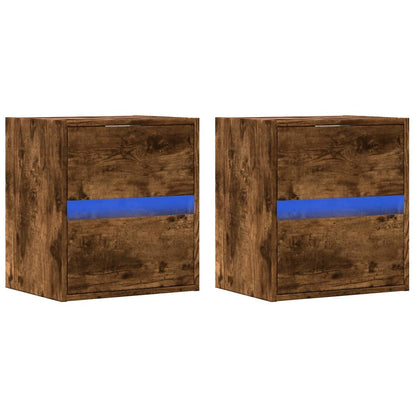 Comodini a Parete con luci LED 2 pz Rovere Fumo