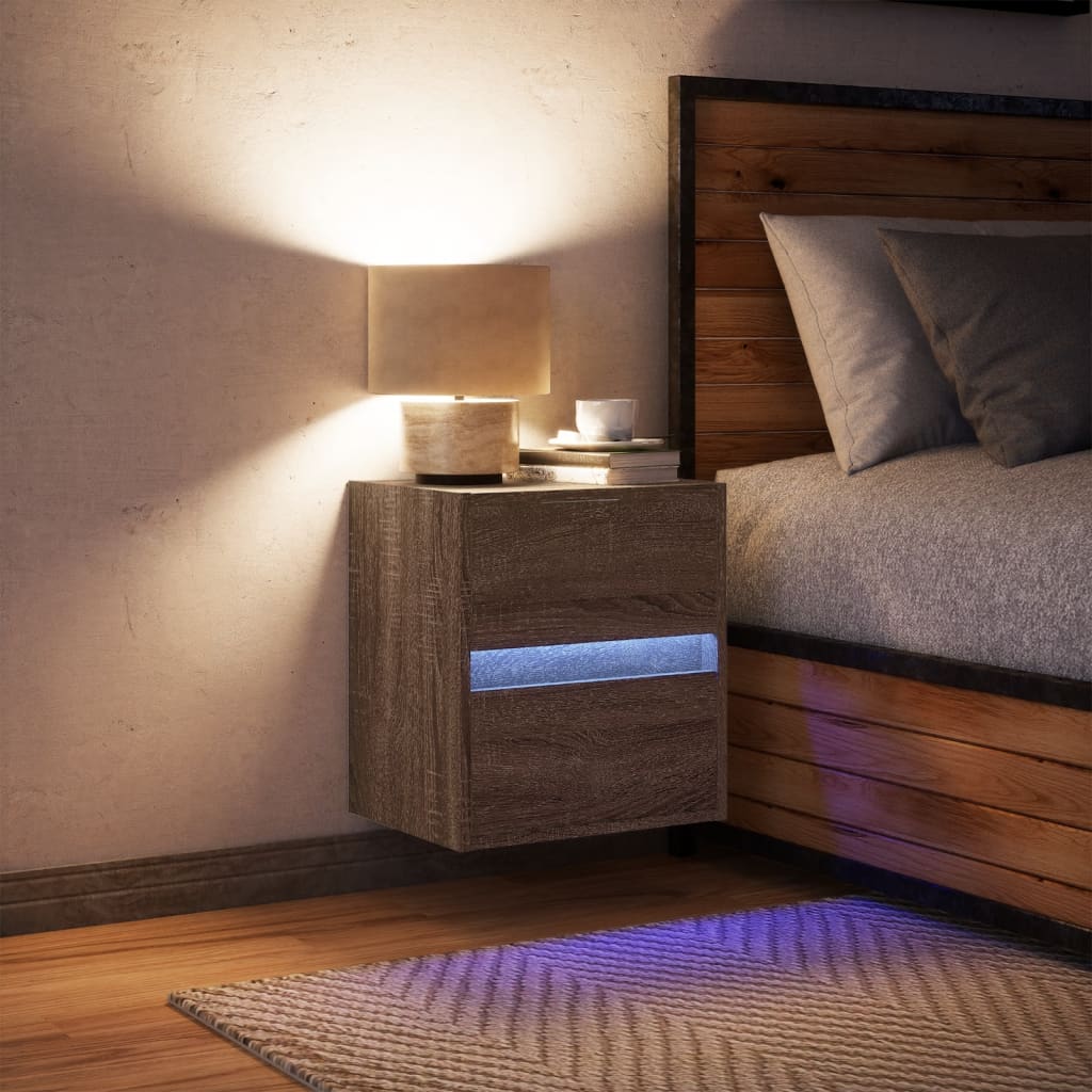 Comodino a Parete con luci LED Rovere Marrone | homemem39