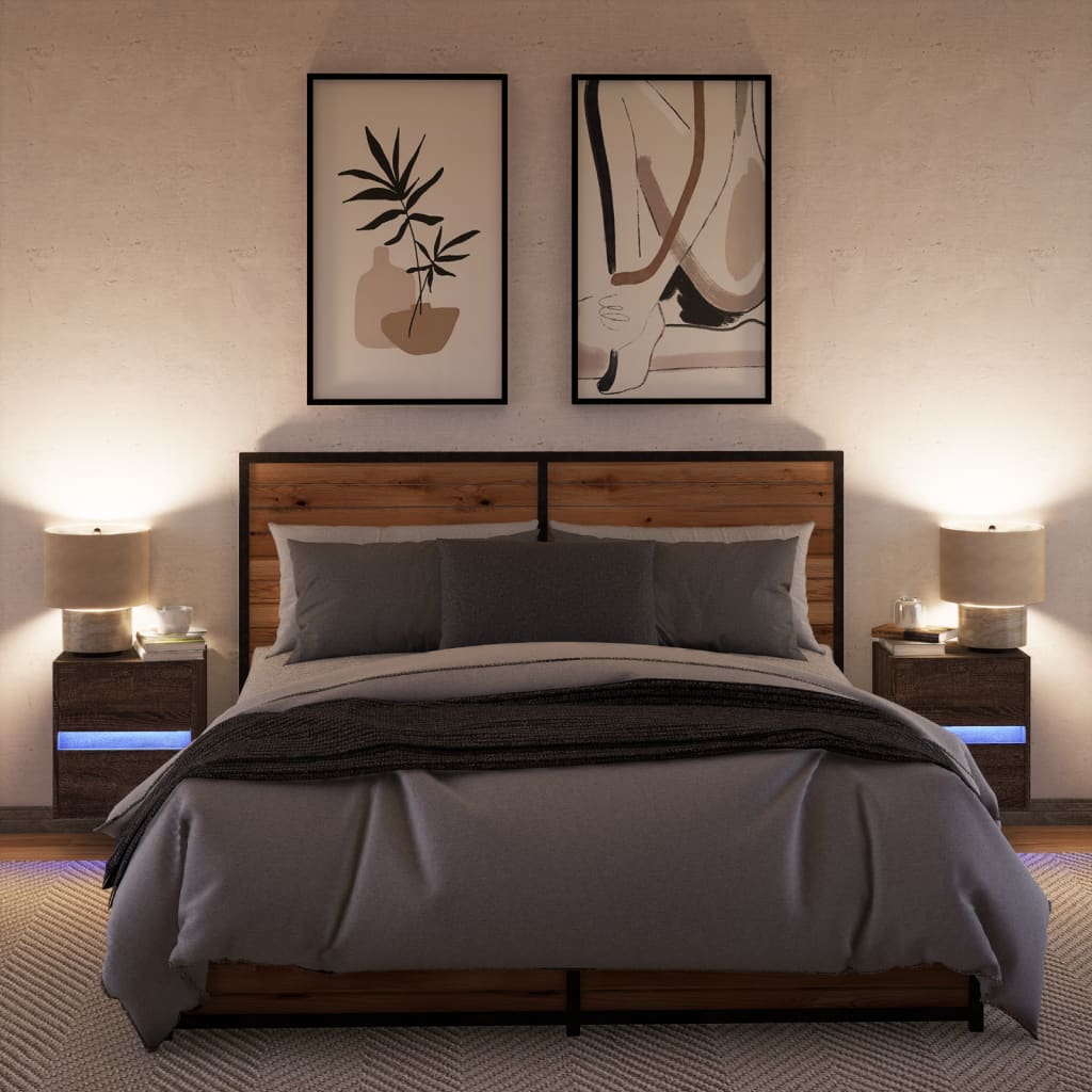 Comodini a Parete con luci LED 2 pz Rovere Marrone - homemem39