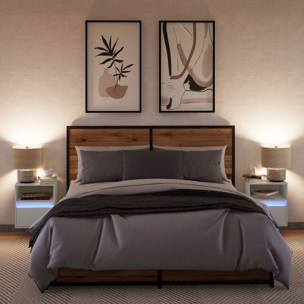 Comodini a Parete con Luci LED 2 pz Bianchi