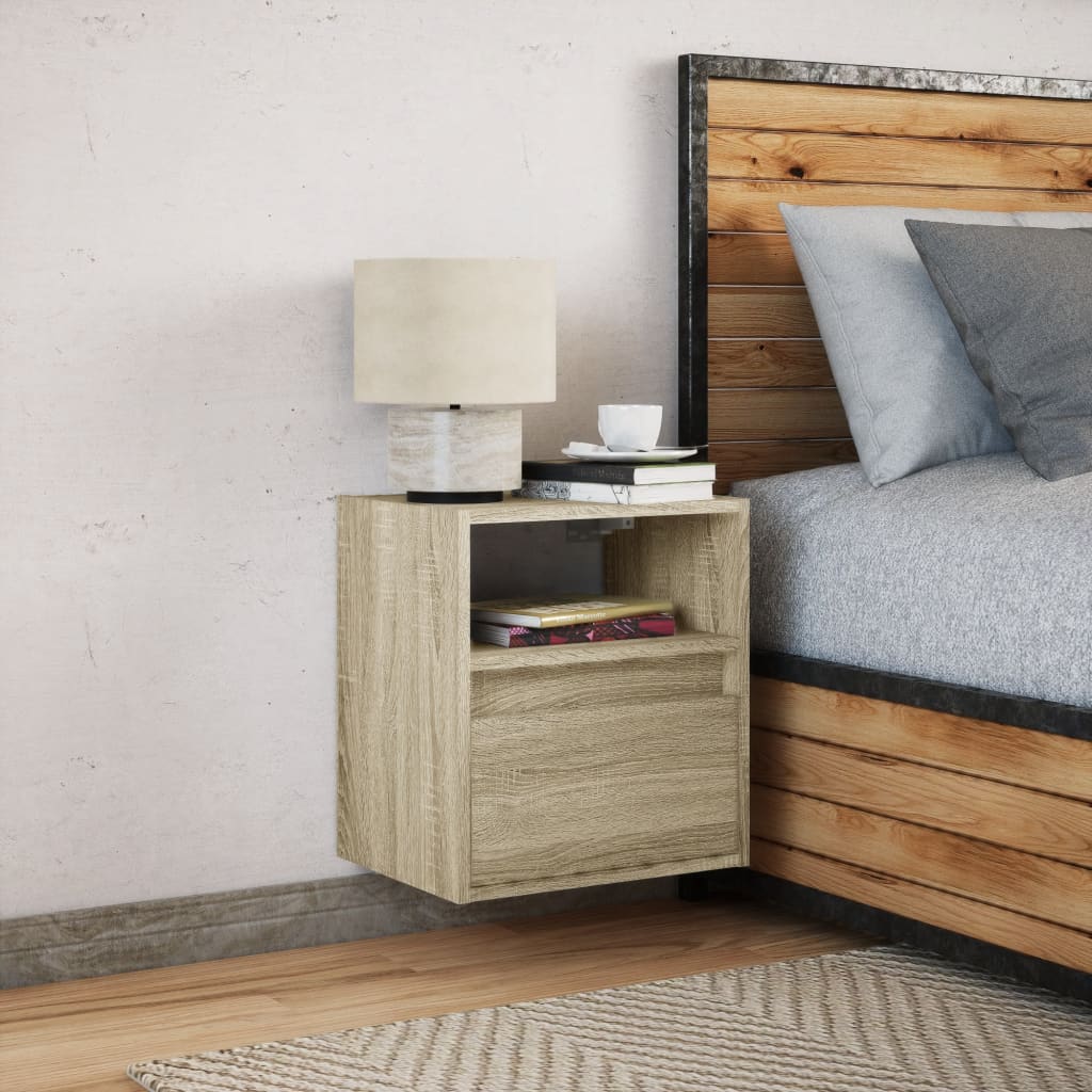 Comodino a Parete con luci LED Rovere Sonoma | homemem39