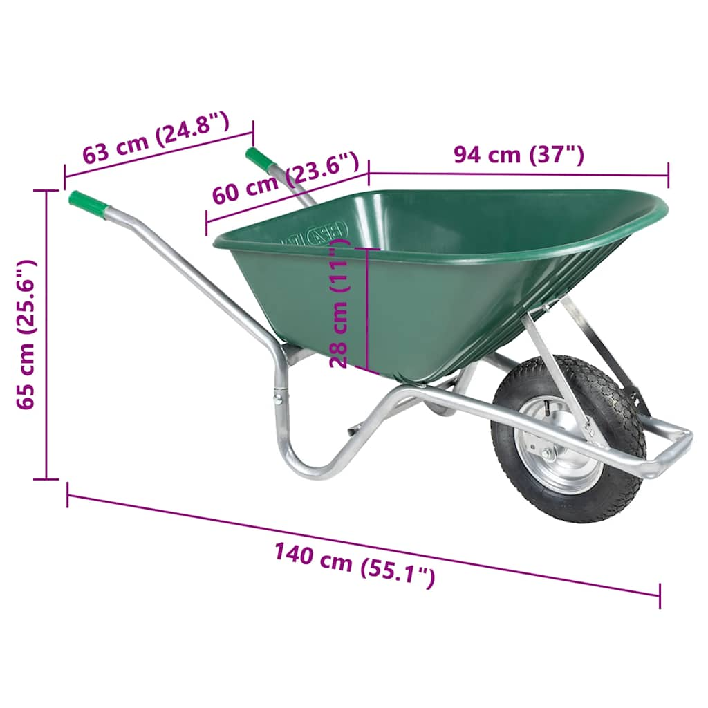 Carriola Verde 90 L 150 kg in Acciaio Zincato e Plastica