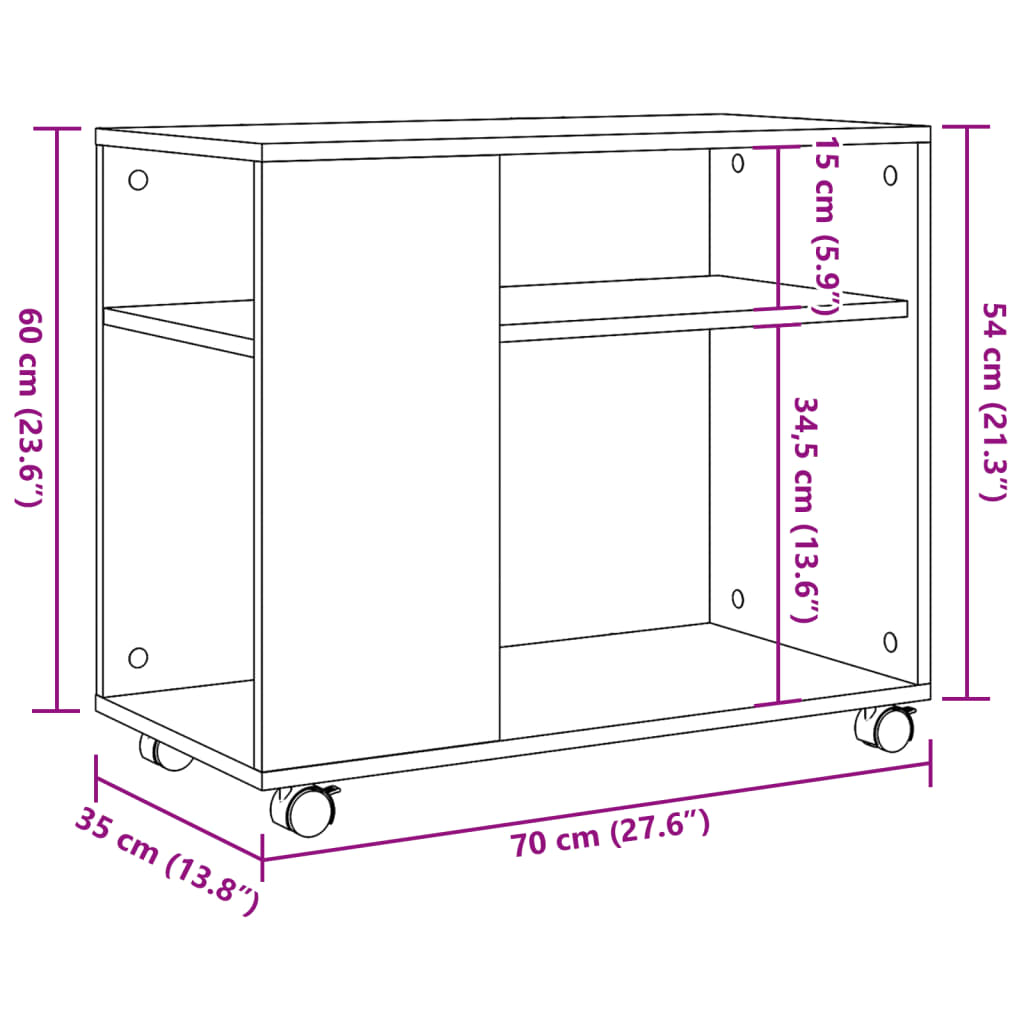 Tavolino con Ruote Rovere Artigianale 70x35x60 cm in Truciolato - homemem39