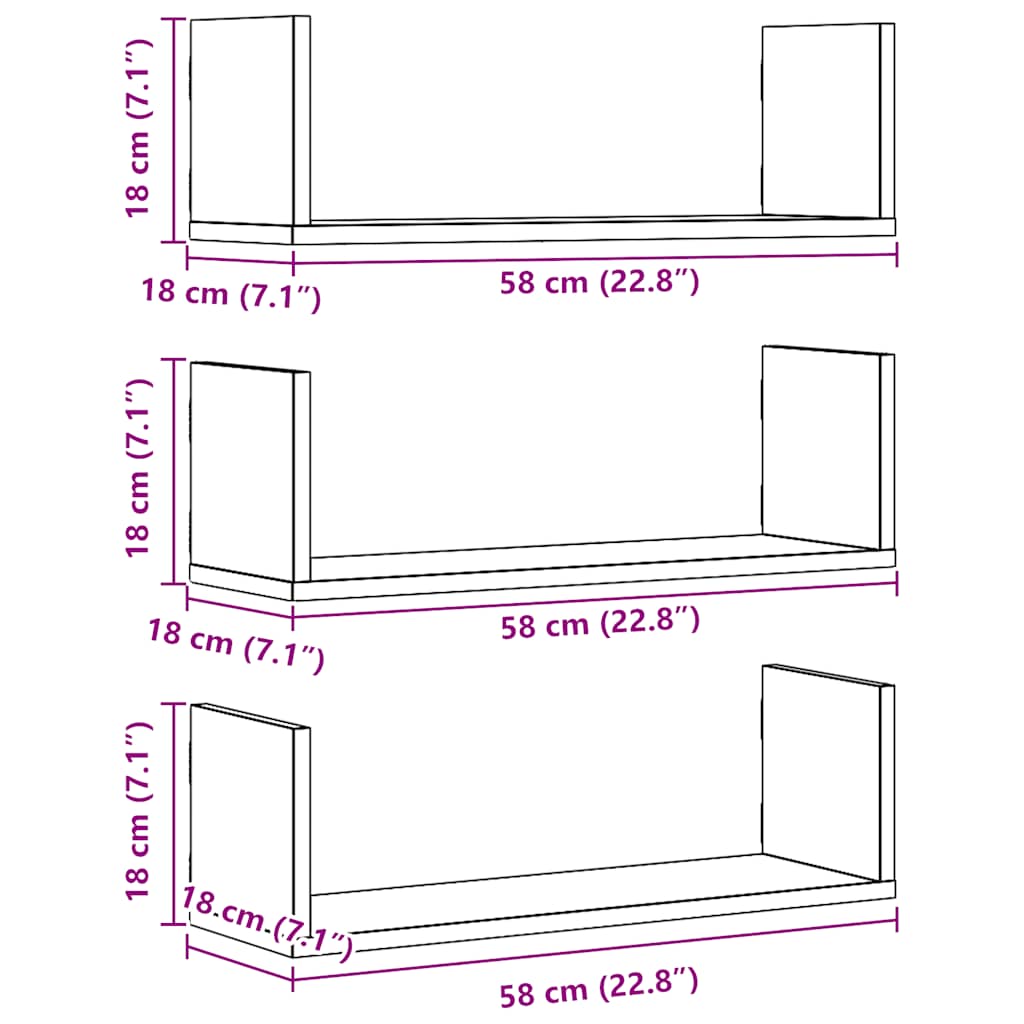 Mensole Parete 3pz Rovere Artigianale 58x18x18 cm in Truciolato | homemem39