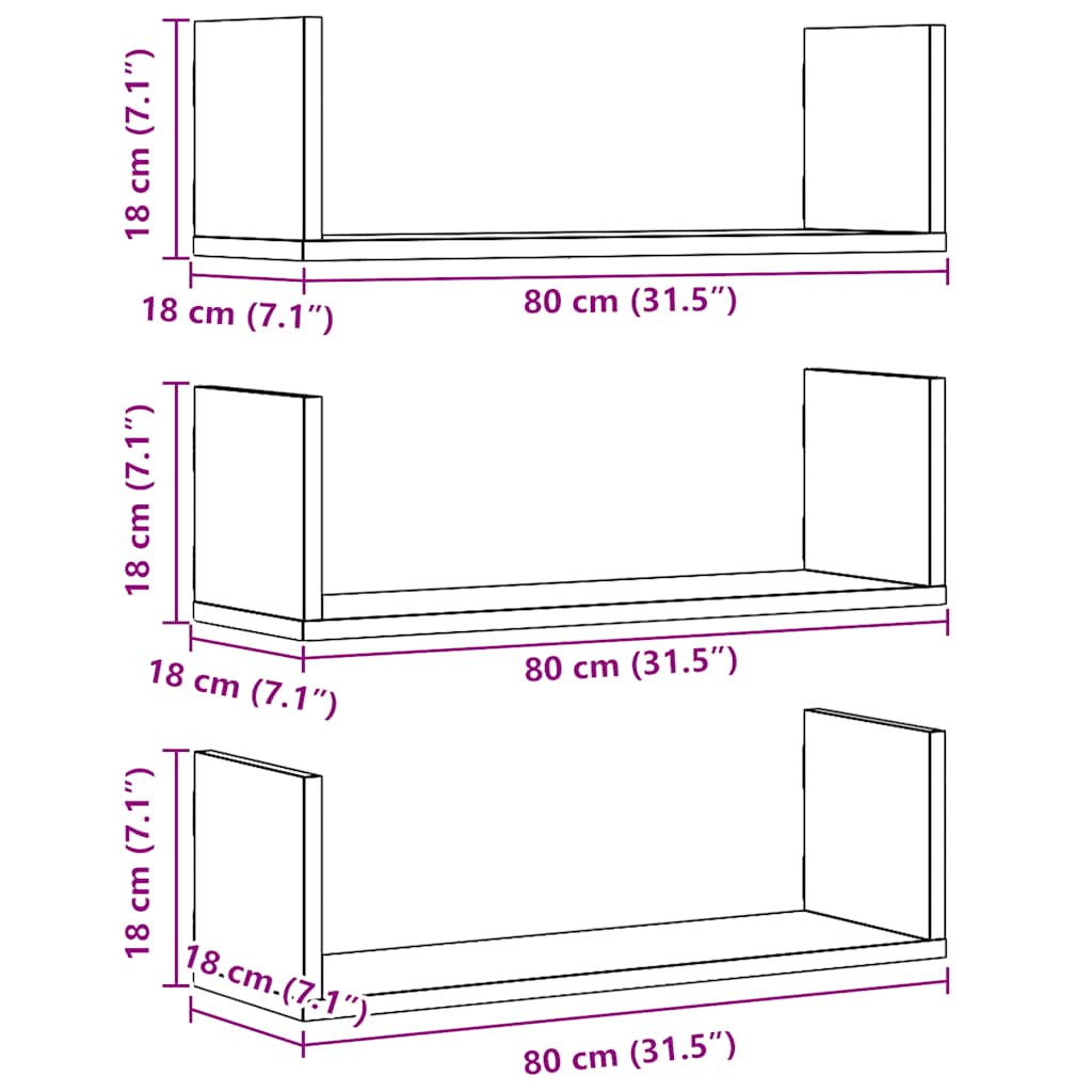 Mensole Parete 3pz Rovere Artigianale 80x18x18 cm in Truciolato | homemem39
