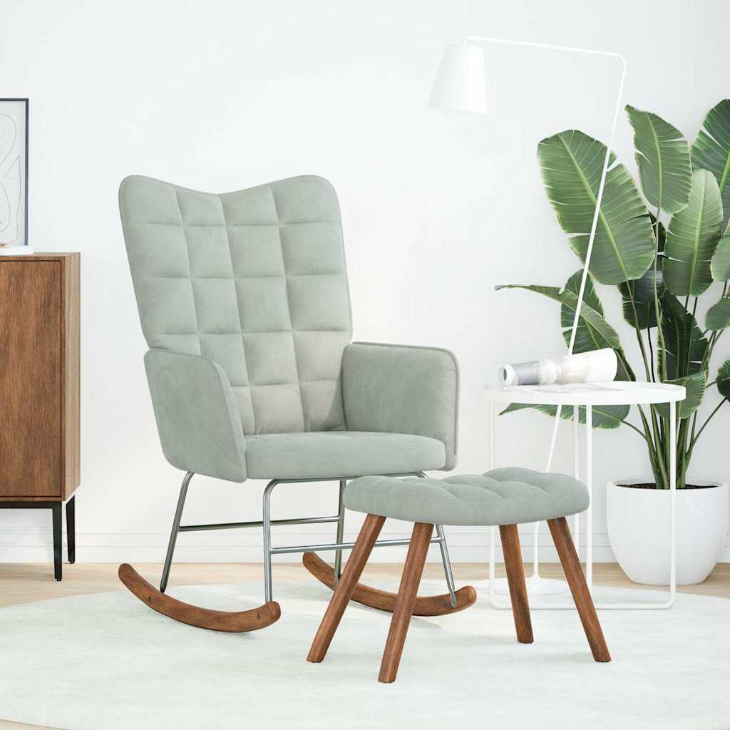 Sedia a dondolo con sgabello in velluto grigio chiaro