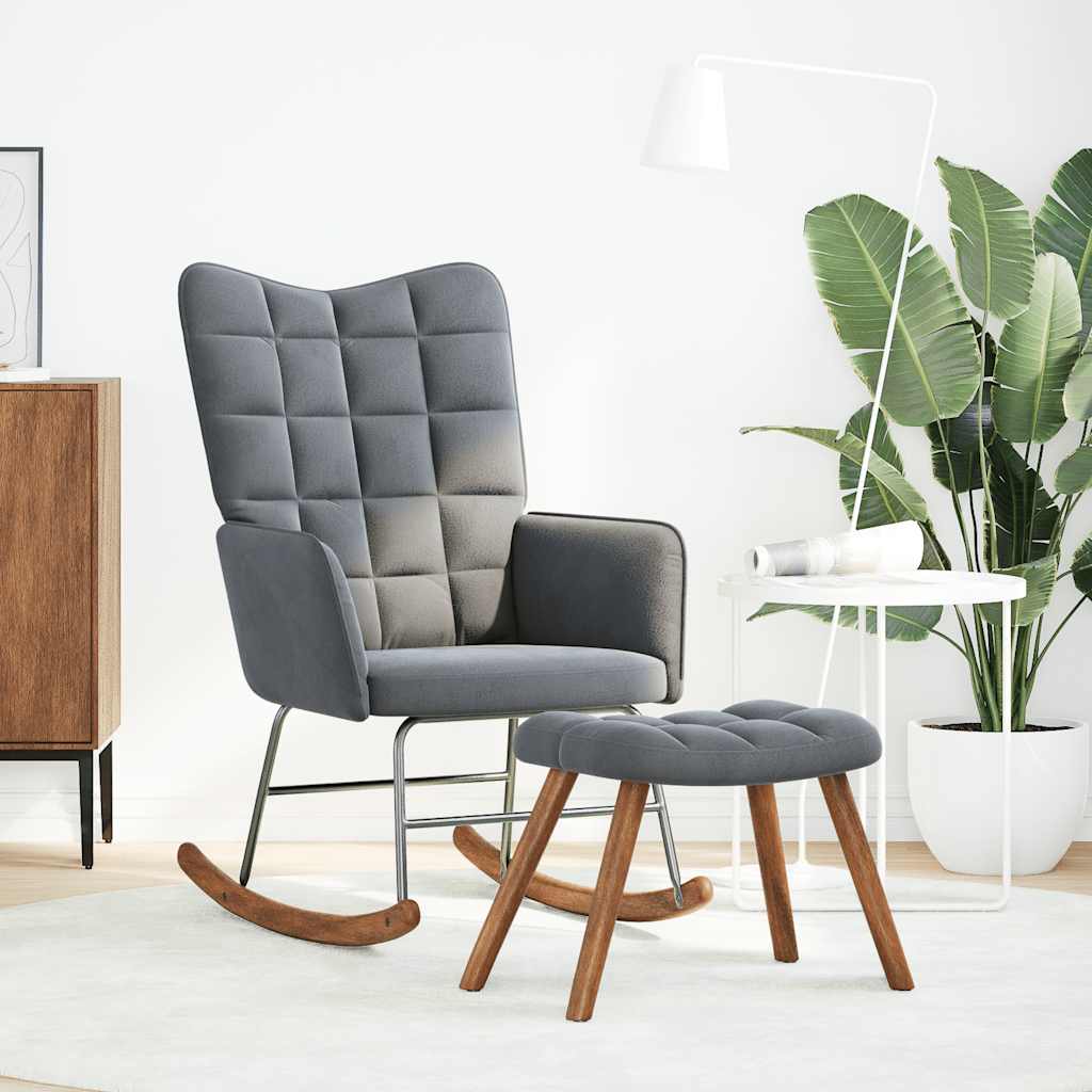 Sedia a dondolo con sgabello in velluto grigio scuro