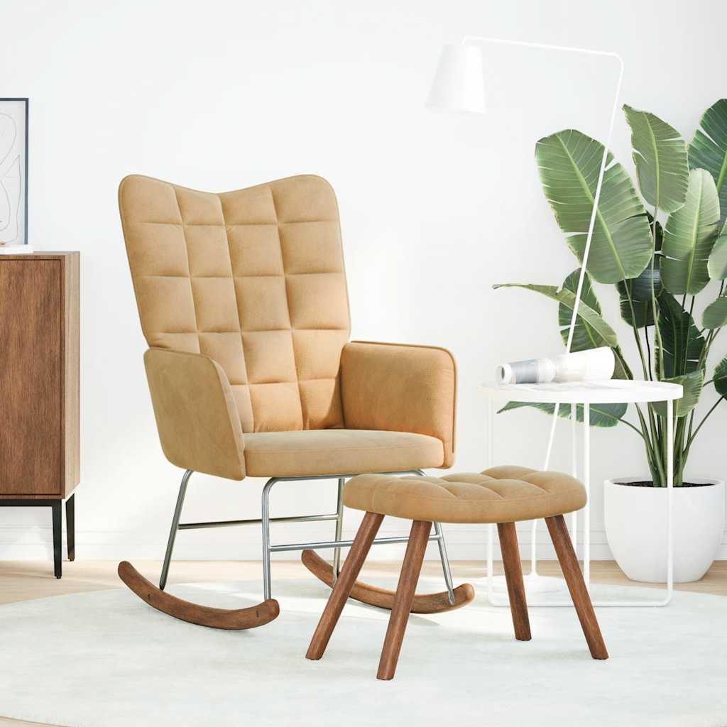 Poltrona a Dondolo con Poggiapiedi Marrone in Velluto