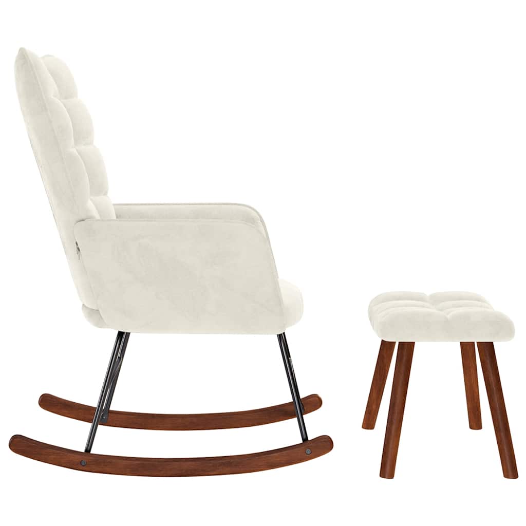 Sedia a dondolo con sgabello in velluto crema