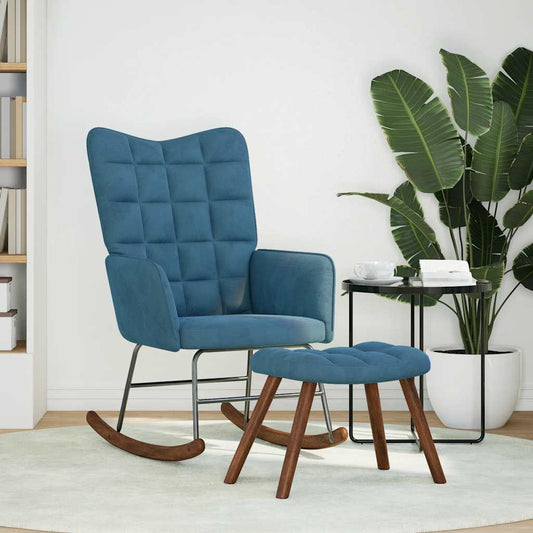Poltrona a Dondolo con Poggiapiedi Blu in Velluto