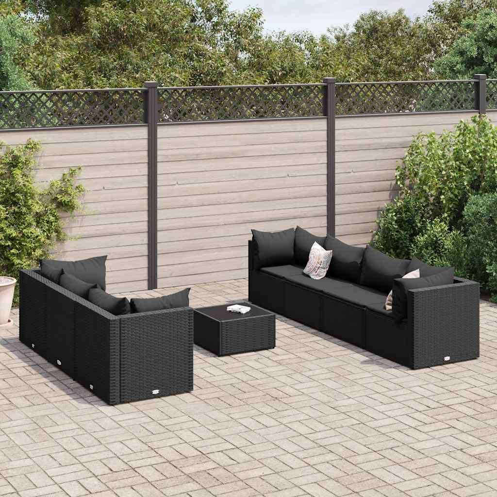 Set Mobili da Giardino con Cuscini 8 pz Nero in Polyrattan - homemem39