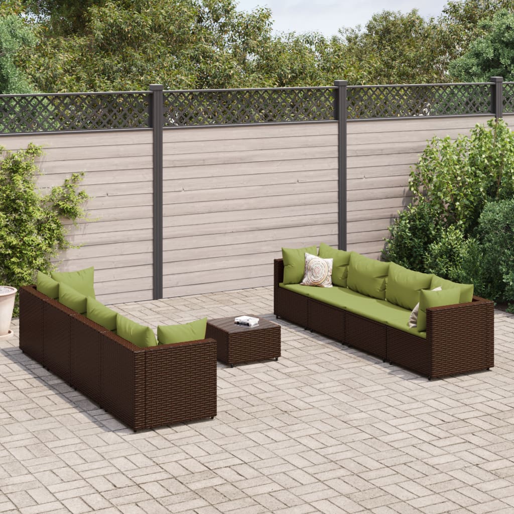 Set Divani da Giardino 9 pz con Cuscini in Polyrattan Marrone | homemem39
