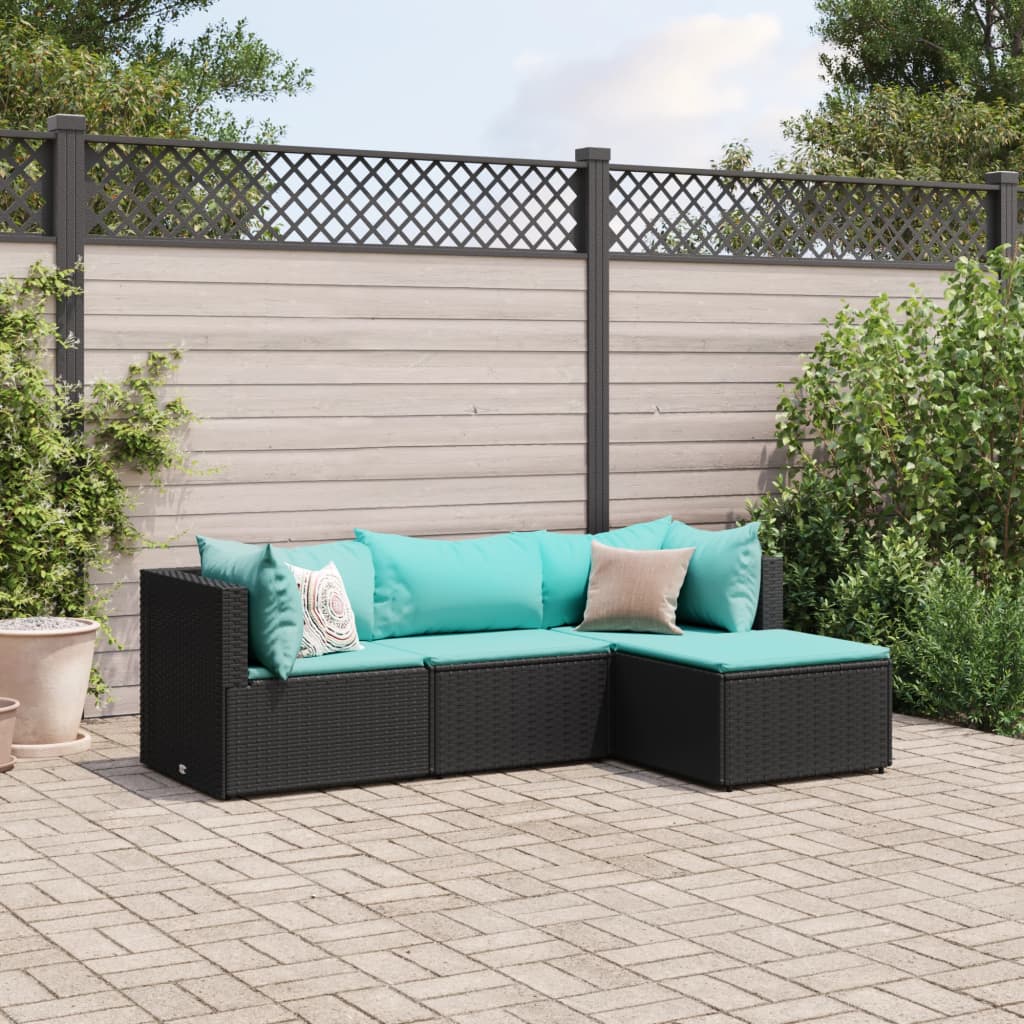 Set Divani da Giardino 4 pz con Cuscini Nero in Polyrattan | homemem39