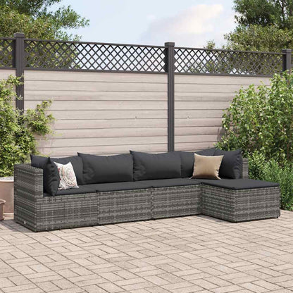 Set Divani da Giardino 5 pz con Cuscini in Polyrattan Grigio