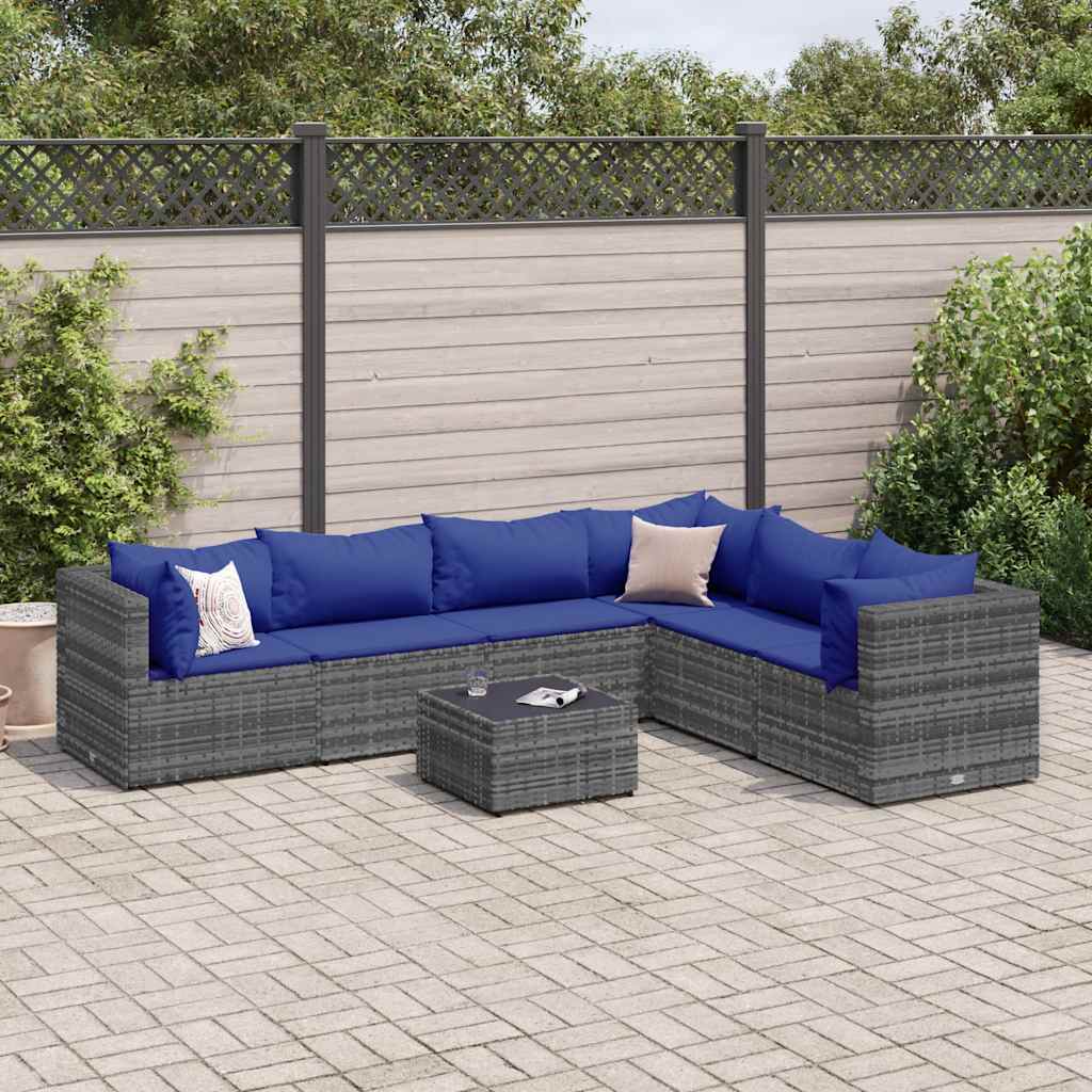 Set Divani da Giardino 7 pz con Cuscini in Polyrattan Grigio | homemem39
