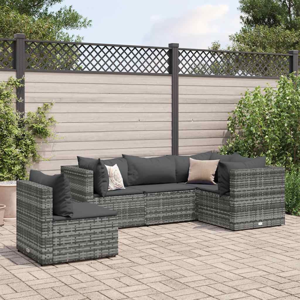 Set Divani da Giardino 5 pz con Cuscini in Polyrattan Grigio | homemem39