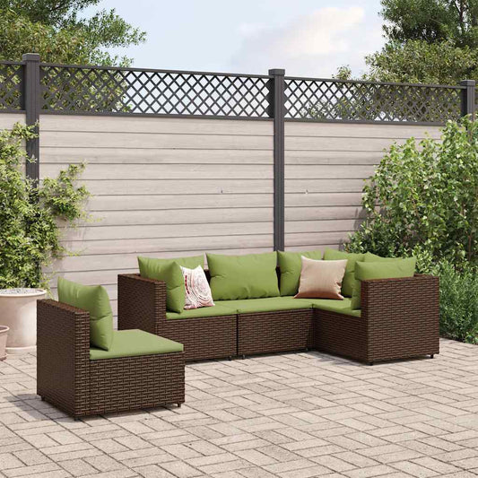 Set Divani da Giardino 5 pz con Cuscini Marrone in Polyrattan
