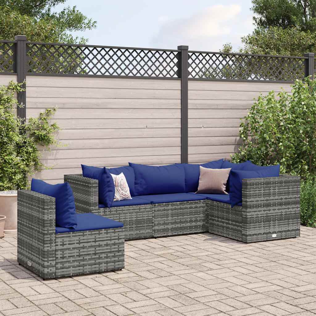 Set Divani da Giardino 5 pz con Cuscini in Polyrattan Grigio - homemem39