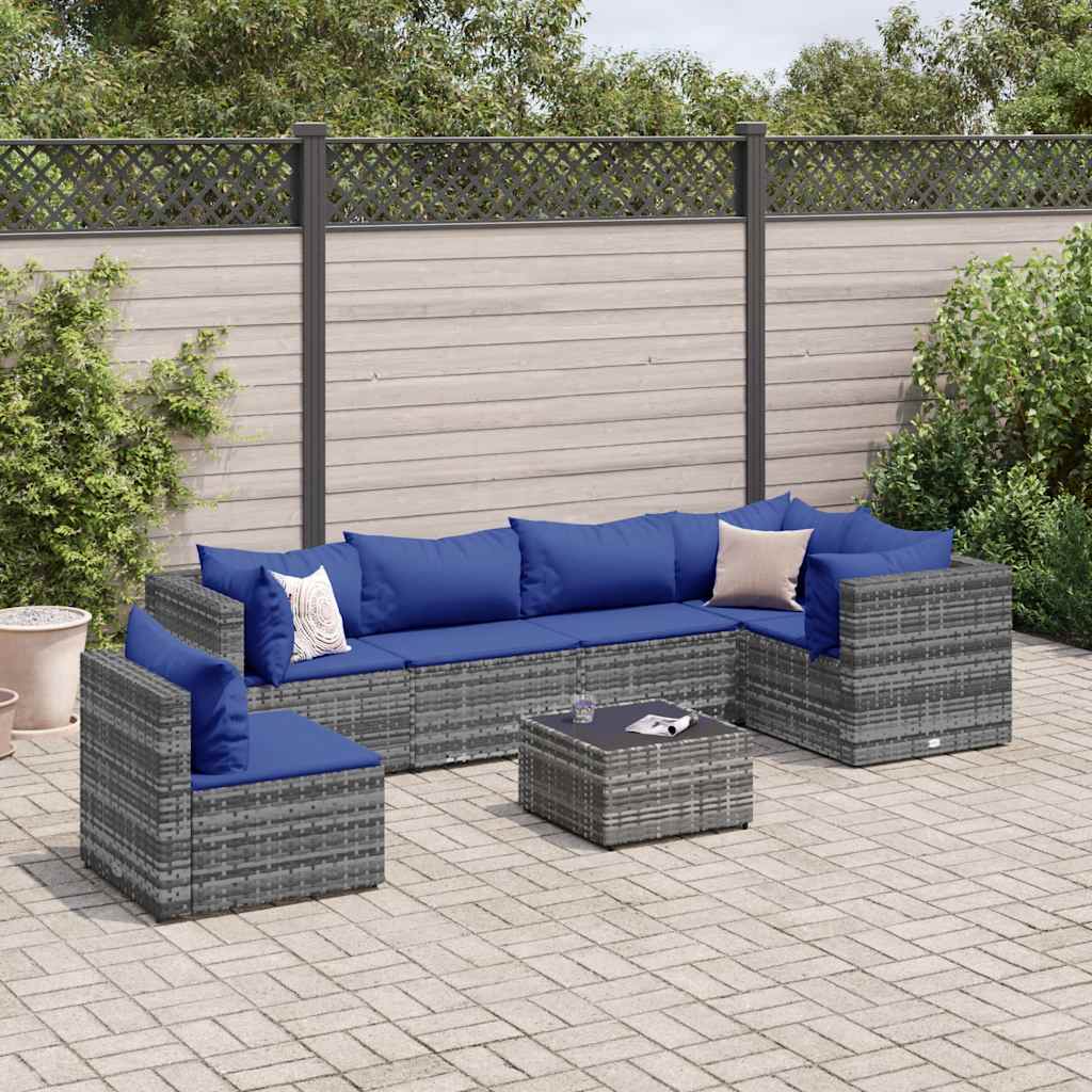 Set Divani da Giardino 7 pz con Cuscini in Polyrattan Grigio | homemem39