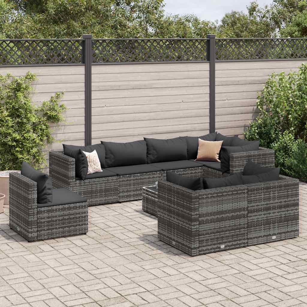 Set Divani da Giardino 9 pz con Cuscini in Polyrattan Grigio | homemem39