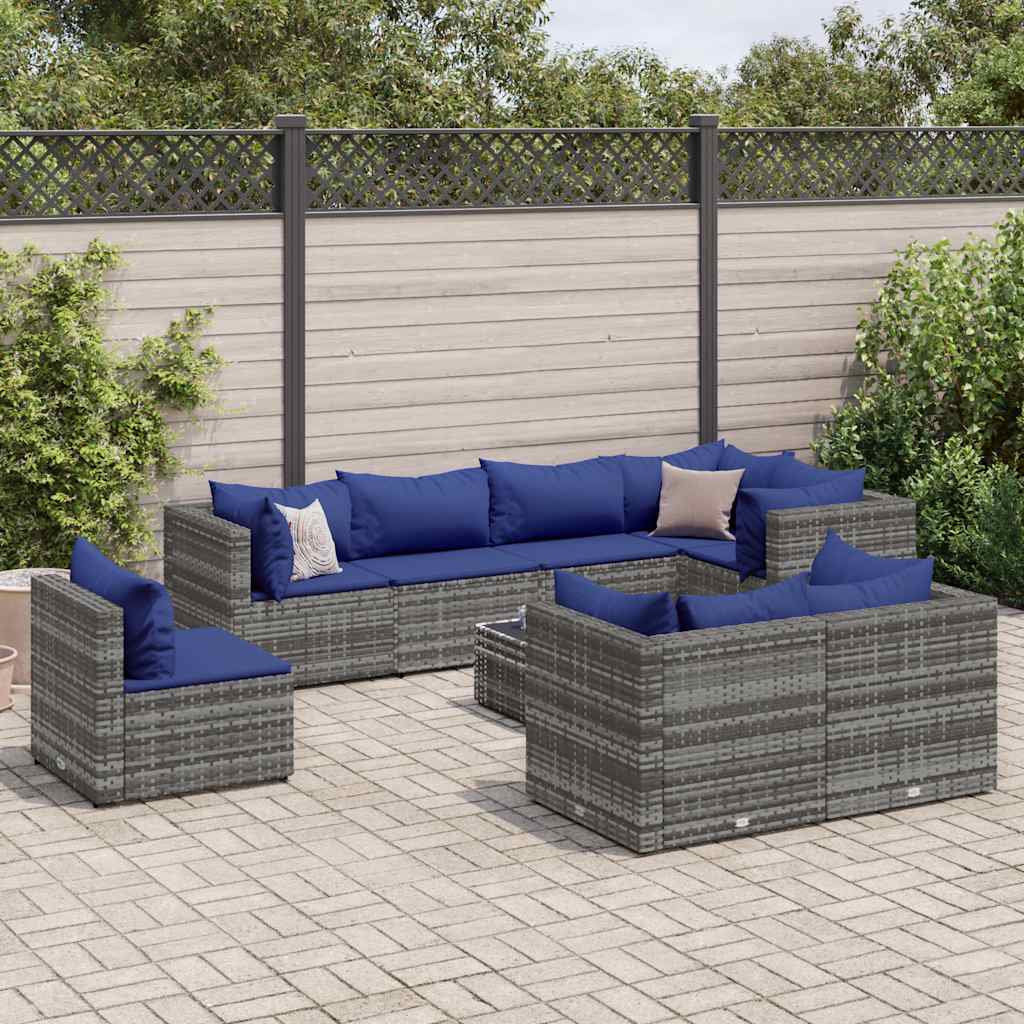 Set Divani da Giardino 9 pz con Cuscini in Polyrattan Grigio | homemem39
