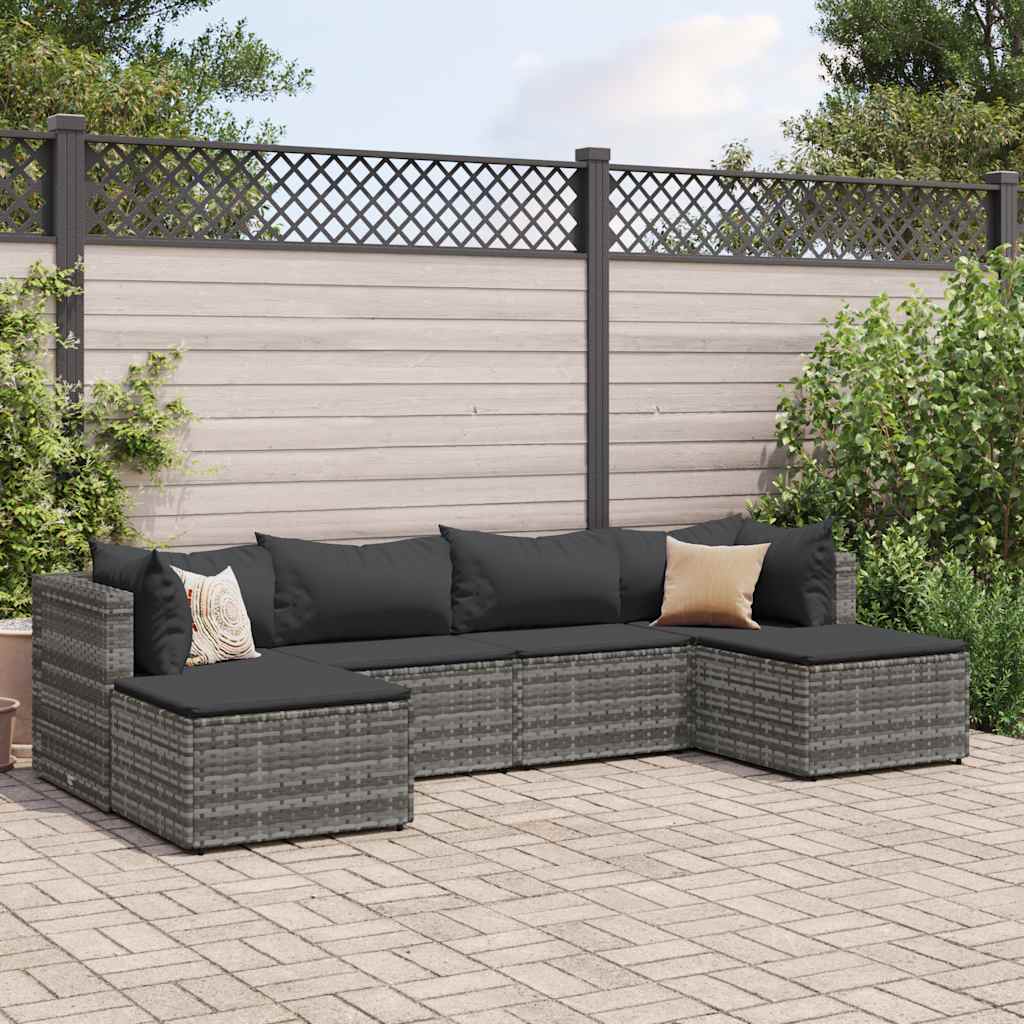 Set Divani da Giardino 6 pz con Cuscini in Polyrattan Grigio