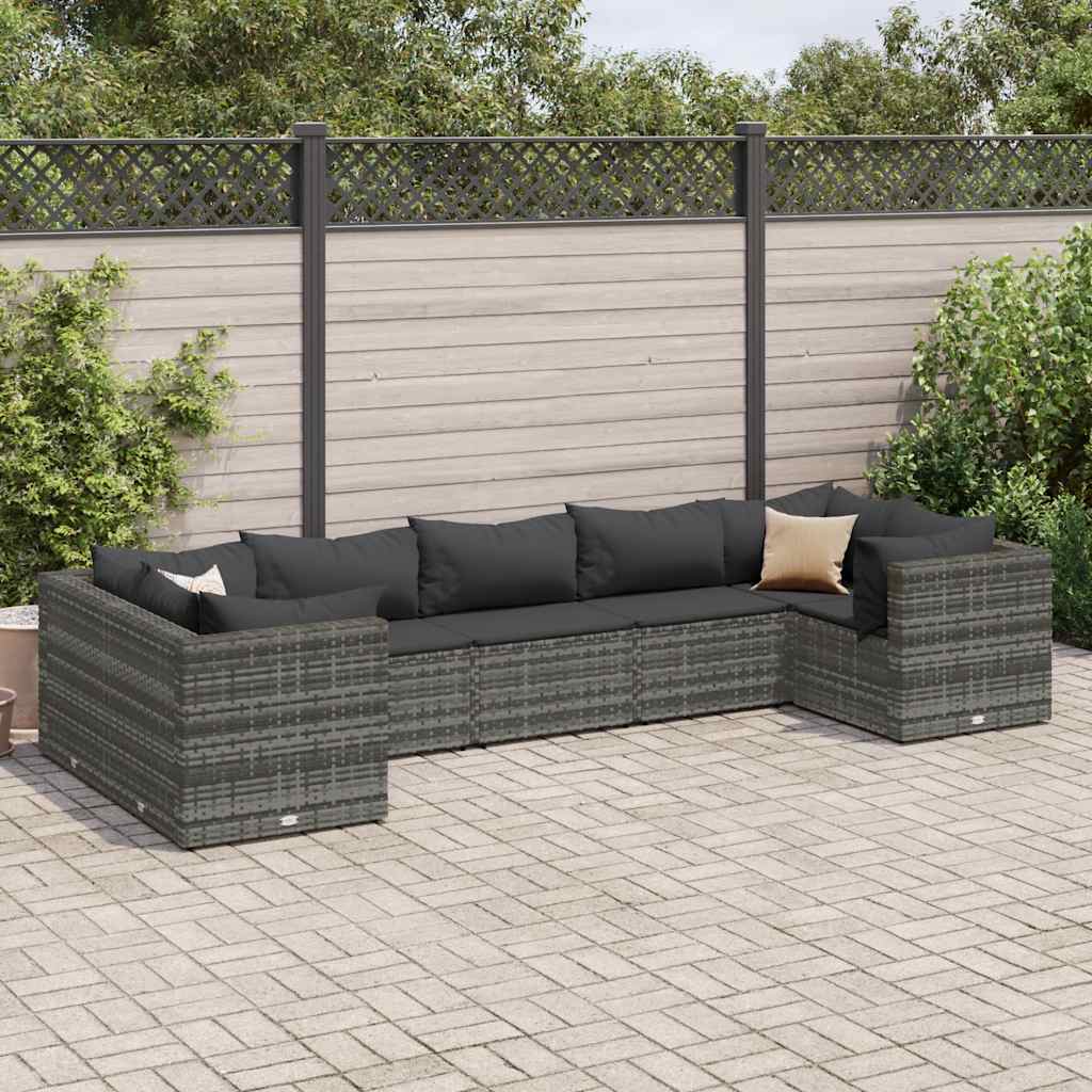 Set Divani da Giardino 7 pz con Cuscini in Polyrattan Grigio