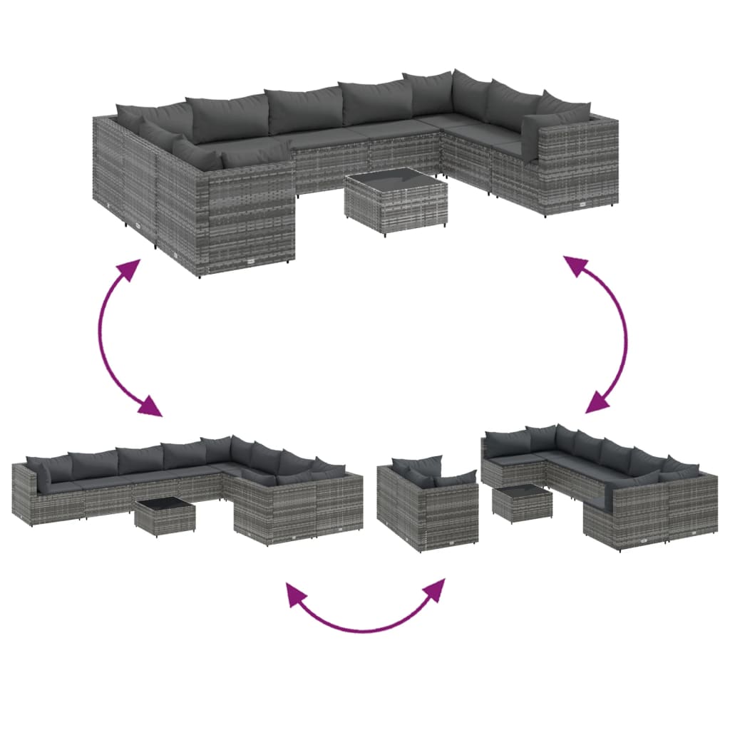 Set Divani da Giardino 10 pz con Cuscini in Polyrattan Grigio | homemem39