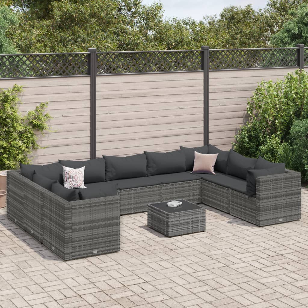 Set Divani da Giardino 10 pz con Cuscini in Polyrattan Grigio | homemem39