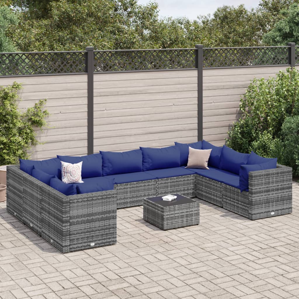 Set Divani da Giardino 10 pz con Cuscini in Polyrattan Grigio | homemem39