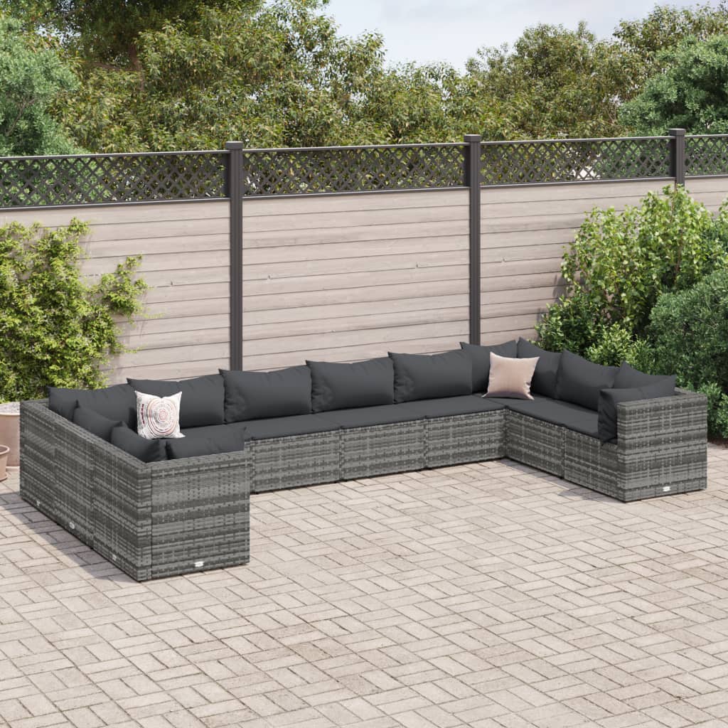 Set Divani da Giardino 10 pz con Cuscini in Polyrattan Grigio | homemem39